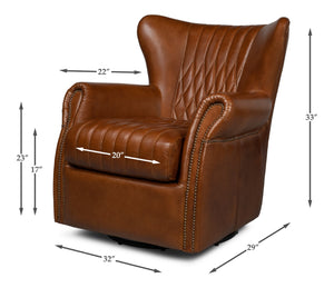 Sarreid Bugatti Leather Swivel Chair - Vintage Havana Style, Nailhead Trim & Wood Base For Ultimate Comfort Brown  53469