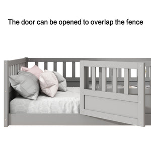 English Elm Full Montessori Floor Bed Frame With High-Security Barrier & Clockwise Door - Cozy Gray Design W1858P164944