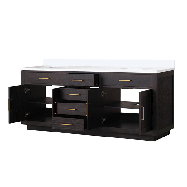 English Elm Black Oak Double Bathroom Vanity 80" W With White Quartz Top - Elegant Storage & Modern Design B2731P260862