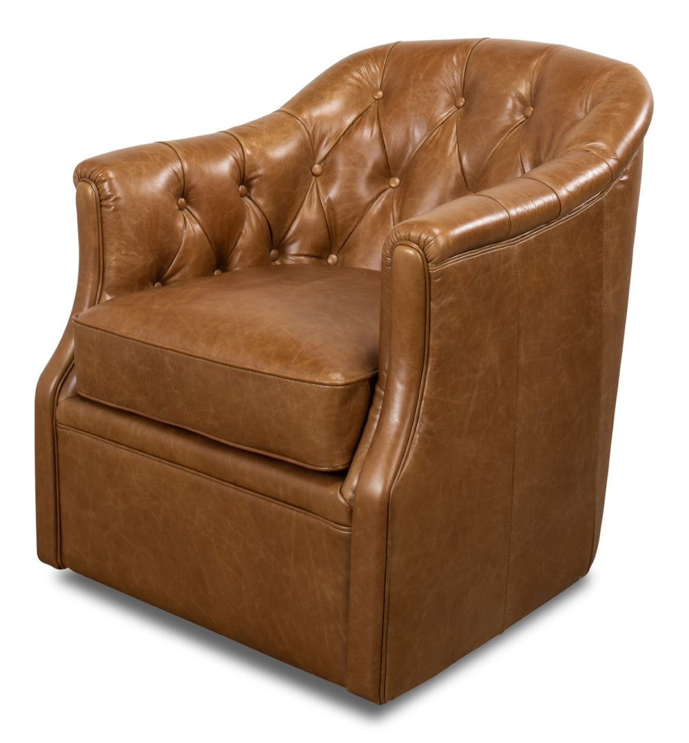 Sarreid Coolidge Leather Swivel Chair In Cuba Brown - Luxurious Comfort With Nailhead Accents & Wood Base Brown  53470