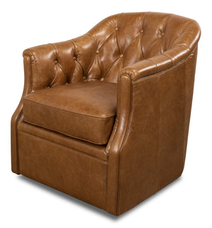 Sarreid Coolidge Leather Swivel Chair In Cuba Brown - Luxurious Comfort With Nailhead Accents & Wood Base Brown  53470