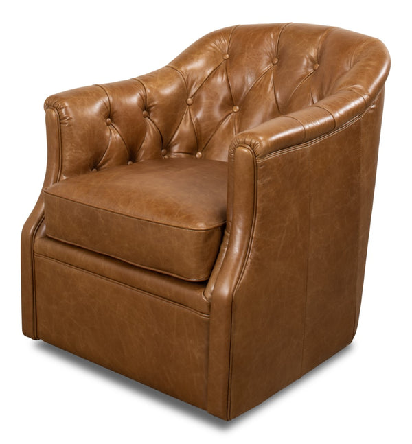 Sarreid Coolidge Leather Swivel Chair In Cuba Brown - Luxurious Comfort With Nailhead Accents & Wood Base Brown  53470