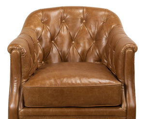 Sarreid Coolidge Leather Swivel Chair In Cuba Brown - Luxurious Comfort With Nailhead Accents & Wood Base Brown  53470