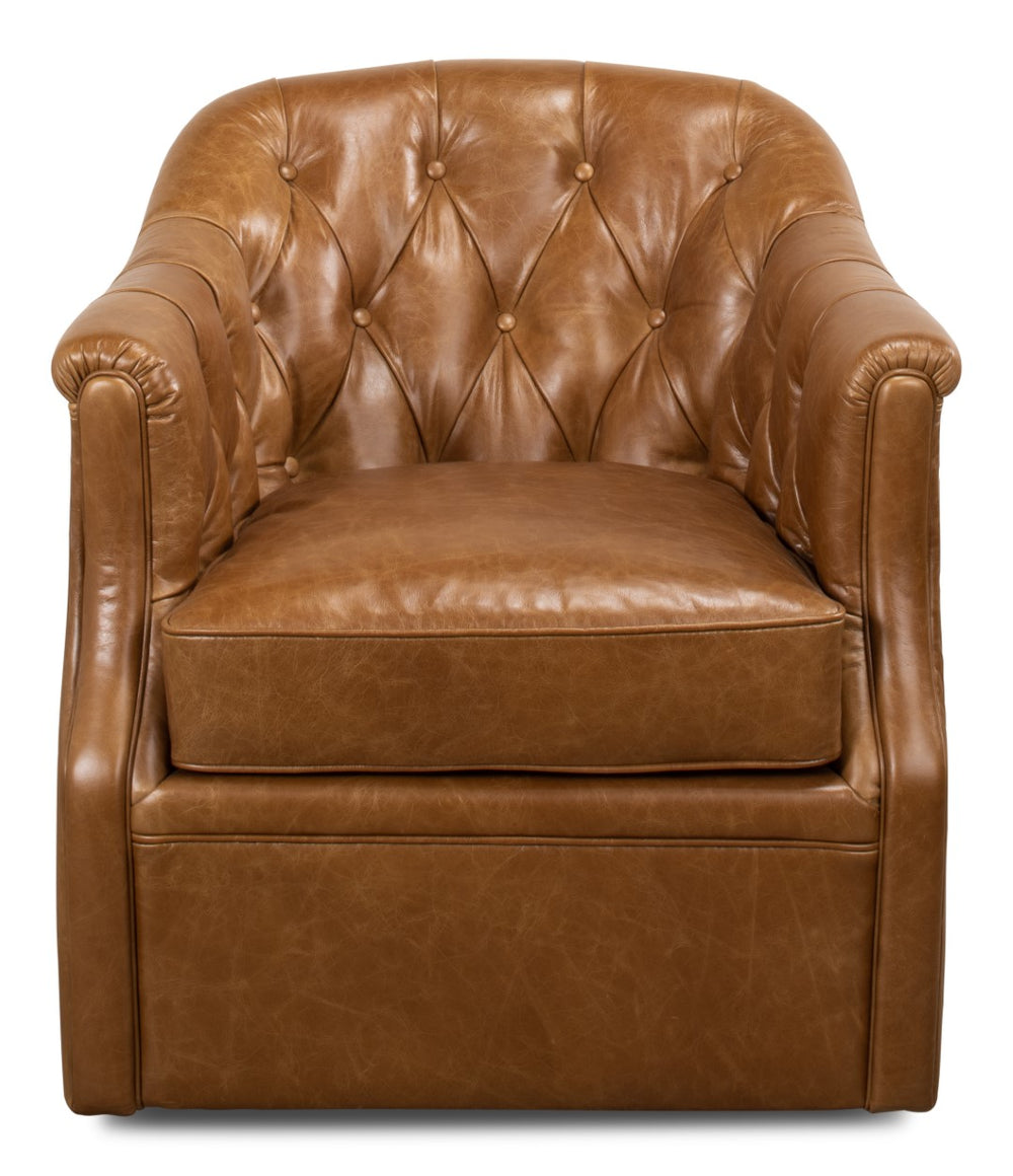 Sarreid Coolidge Leather Swivel Chair In Cuba Brown - Luxurious Comfort With Nailhead Accents & Wood Base Brown  53470