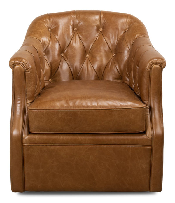 Sarreid Coolidge Leather Swivel Chair In Cuba Brown - Luxurious Comfort With Nailhead Accents & Wood Base Brown  53470
