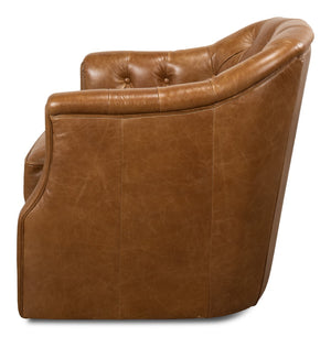 Sarreid Coolidge Leather Swivel Chair In Cuba Brown - Luxurious Comfort With Nailhead Accents & Wood Base Brown  53470