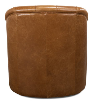 Sarreid Coolidge Leather Swivel Chair In Cuba Brown - Luxurious Comfort With Nailhead Accents & Wood Base Brown  53470