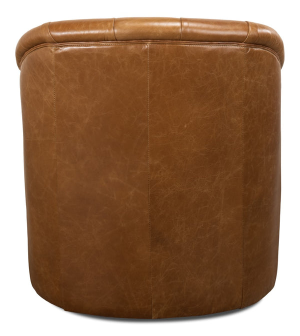 Sarreid Coolidge Leather Swivel Chair In Cuba Brown - Luxurious Comfort With Nailhead Accents & Wood Base Brown  53470