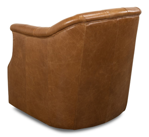 Sarreid Coolidge Leather Swivel Chair In Cuba Brown - Luxurious Comfort With Nailhead Accents & Wood Base Brown  53470