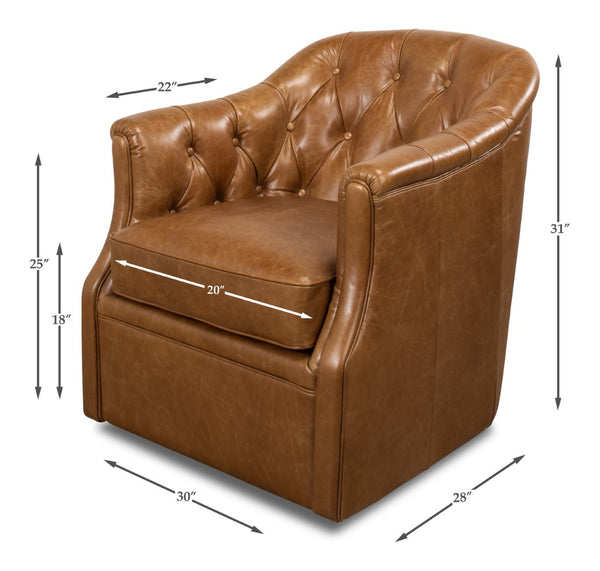 Sarreid Coolidge Leather Swivel Chair In Cuba Brown - Luxurious Comfort With Nailhead Accents & Wood Base Brown  53470