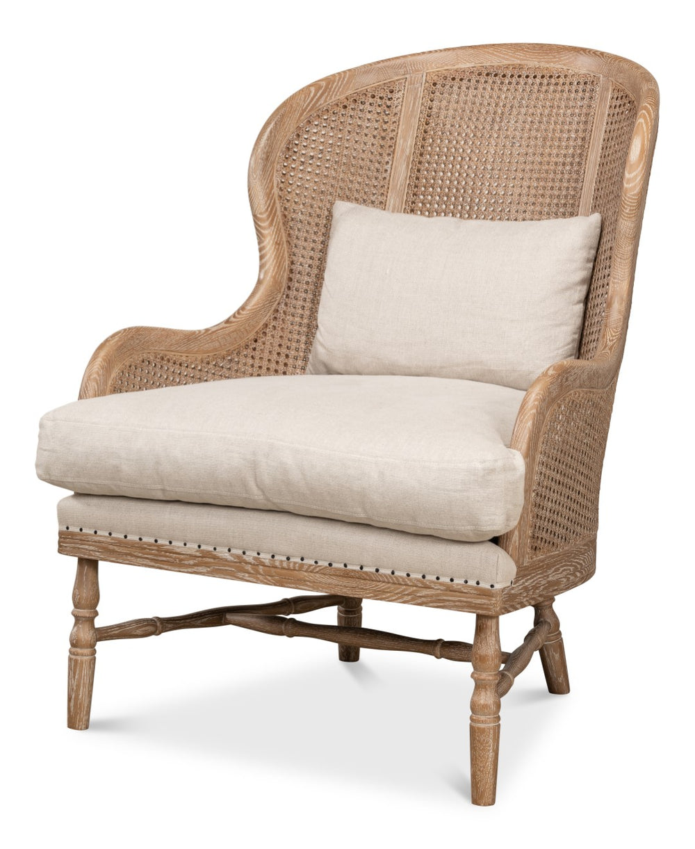 Sarreid Randolph Wing Chair - Luxurious 100% Linen Upholstery In Natural Color With Oak & White Wash Finish Beige  53473