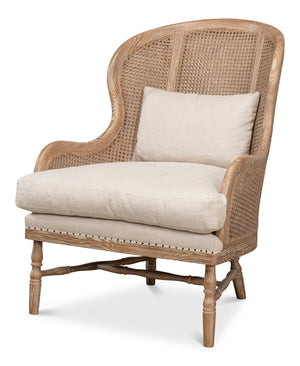 Sarreid Randolph Wing Chair - Luxurious 100% Linen Upholstery In Natural Color With Oak & White Wash Finish Beige  53473