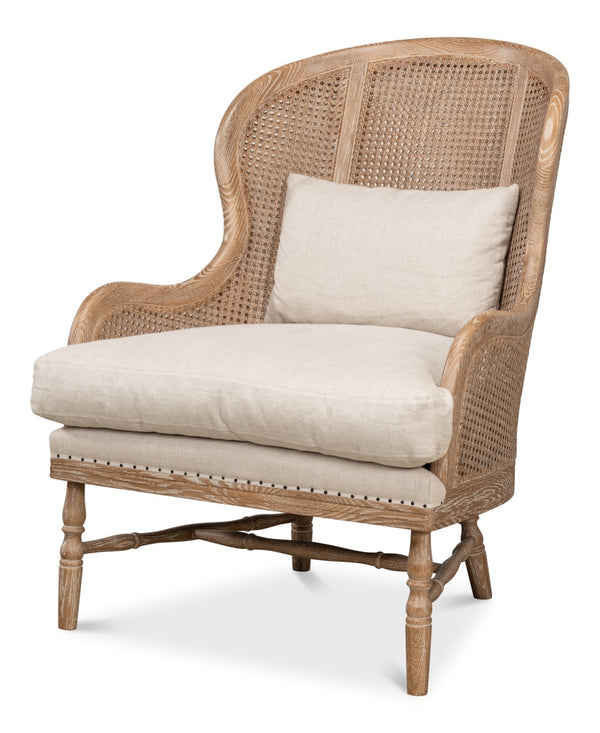 Sarreid Randolph Wing Chair - Luxurious 100% Linen Upholstery In Natural Color With Oak & White Wash Finish Beige  53473