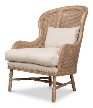 Sarreid Randolph Wing Chair - Luxurious 100% Linen Upholstery In Natural Color With Oak & White Wash Finish Beige  53473