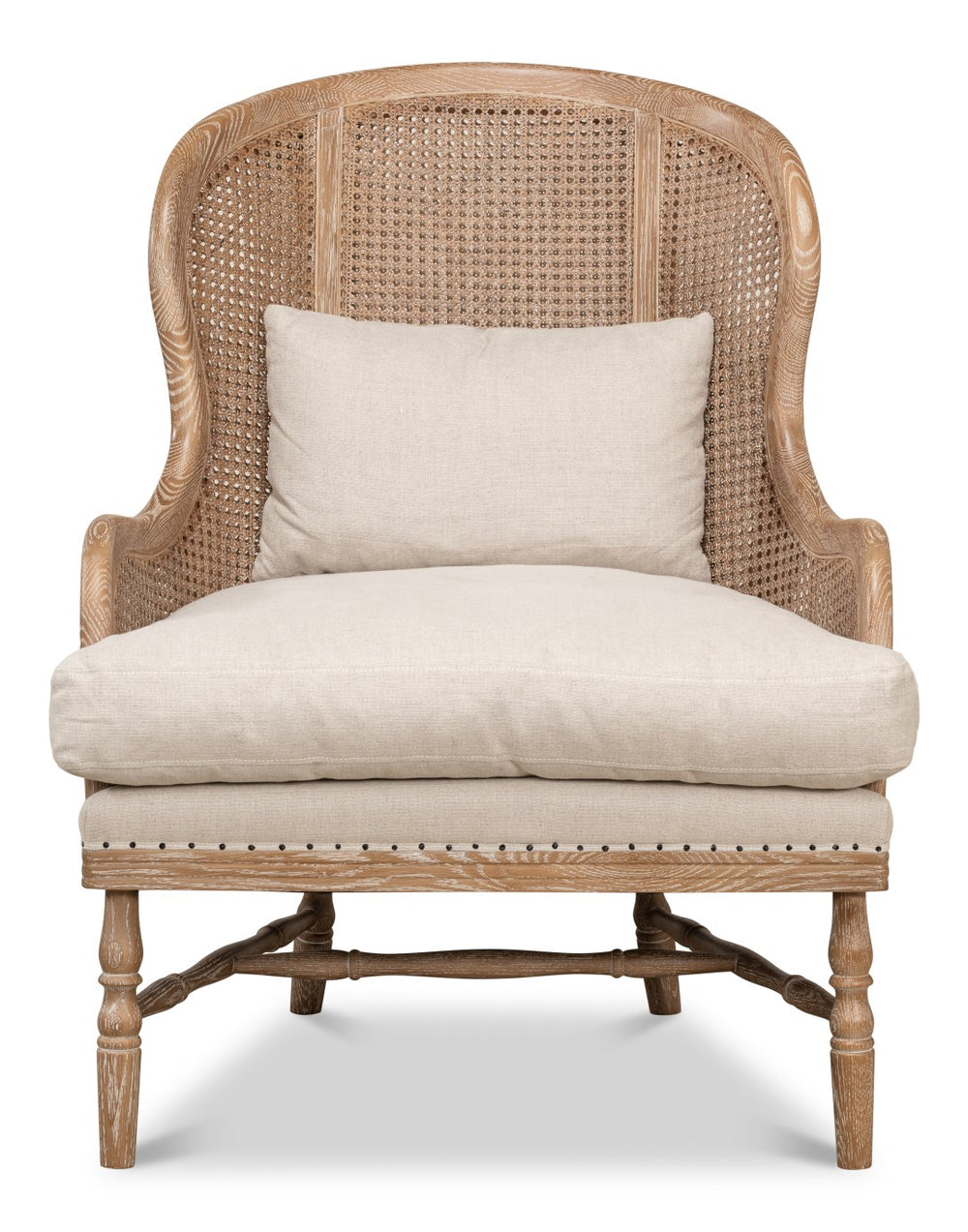 Sarreid Randolph Wing Chair - Luxurious 100% Linen Upholstery In Natural Color With Oak & White Wash Finish Beige  53473