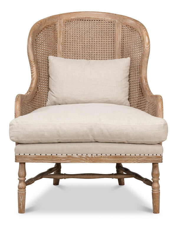 Sarreid Randolph Wing Chair - Luxurious 100% Linen Upholstery In Natural Color With Oak & White Wash Finish Beige  53473