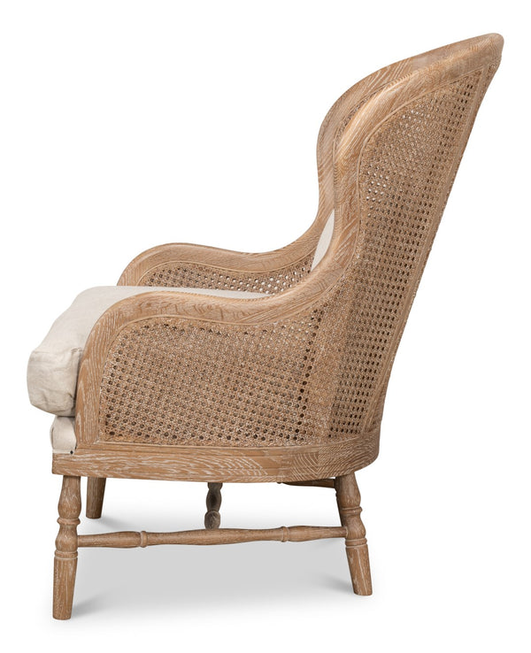 Sarreid Randolph Wing Chair - Luxurious 100% Linen Upholstery In Natural Color With Oak & White Wash Finish Beige  53473