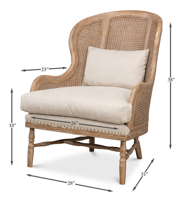 Sarreid Randolph Wing Chair - Luxurious 100% Linen Upholstery In Natural Color With Oak & White Wash Finish Beige  53473