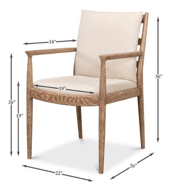 Sarreid Tugen Armchair - Luxurious 100% Linen Upholstery In Natural Color With Elegant Oak & White Wash Finish Beige  53474