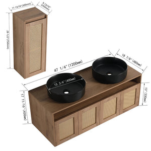 English Elm 48" Floating Bathroom Vanity Oak Finish Dual Ceramic Sinks Four Soft Close Doors W999S00499