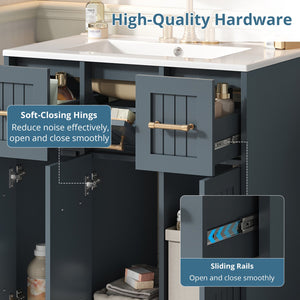 English Elm 30inch Bathroom Vanity with Undermount Sink, Tip-Out Tray, Soft-Close Doors, Spacious Drawers & Handles Blue N710P331580C