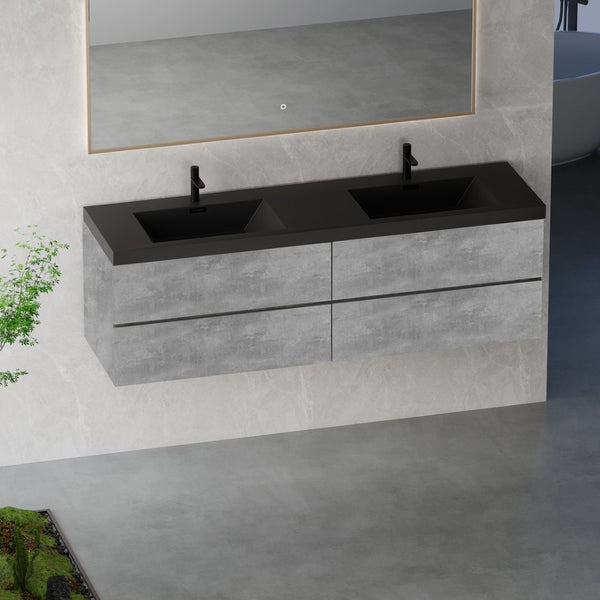 English Elm Floating Wall Mounted Bathroom Vanity Dual Quartz Basins Four Soft Close Drawers Modern W1573S00084