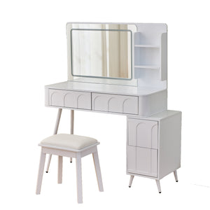 English Elm Modern Makeup Vanity Desk with Slide-Out Cabinet, LED Mirror, 4 Soft-Close Drawers & Cushioned Stool White N844P257529A