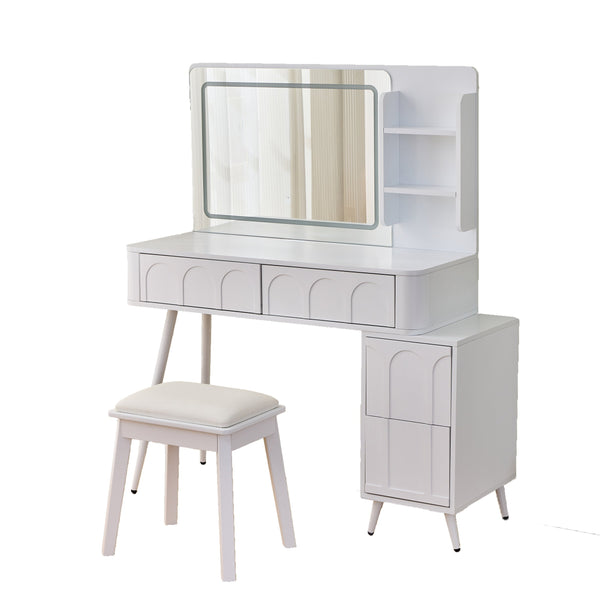 English Elm Modern Makeup Vanity Desk with Slide-Out Cabinet, LED Mirror, 4 Soft-Close Drawers & Cushioned Stool White N844P257529A