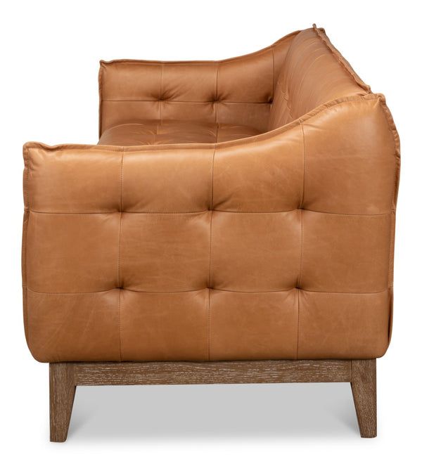 Sarreid Isaac Leather Sofa - Luxurious Light Harness Brown With Oak & White Wash Finish For Elegant Living Brown  53480