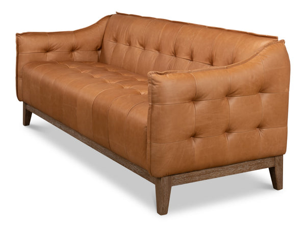 Sarreid Isaac Leather Sofa - Luxurious Light Harness Brown With Oak & White Wash Finish For Elegant Living Brown  53480