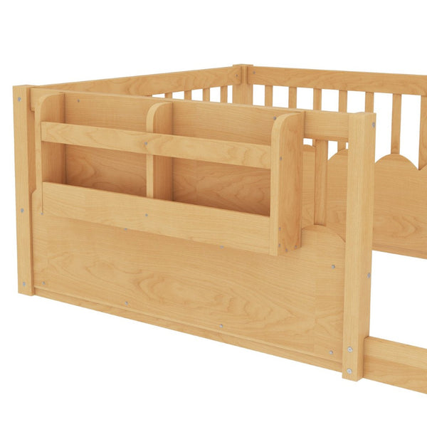 English Elm Twin Low Profile Kids Floor Bed Pine Wood Frame with Safety Rail and Built in Bookshelf Natural W1580P373137