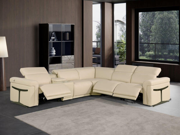 HomeRoots Beige Italian Leather Modular L-Shaped Sectional Sofa with Recliners, USB Ports, and Storage Console Beige 534847