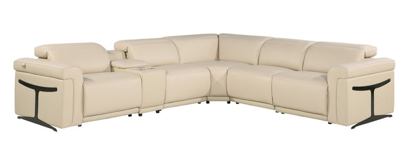 HomeRoots Beige Italian Leather Modular L-Shaped Sectional Sofa with Recliners, USB Ports, and Storage Console Beige 534847