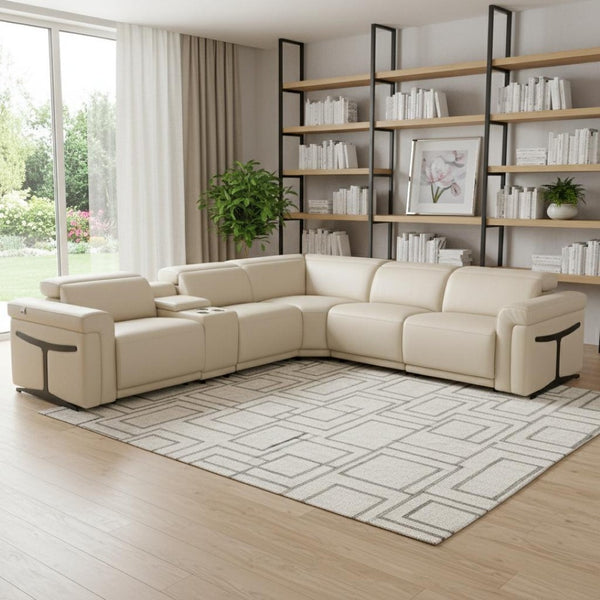 HomeRoots Beige Italian Leather Modular L-Shaped Sectional Sofa with Recliners, USB Ports, and Storage Console Beige 534847