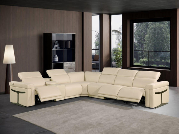 HomeRoots Beige Italian Leather Modular L-Shaped Sectional Sofa with Console, Power Recline & USB Charging Beige 534848
