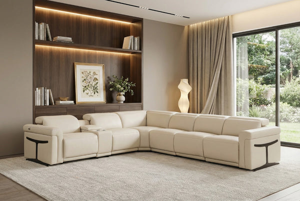 HomeRoots Beige Italian Leather Modular L-Shaped Sectional Sofa with Console, Power Recline & USB Charging Beige 534848