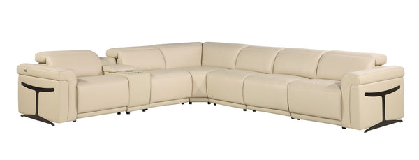 HomeRoots Beige Italian Leather Modular Sectional Sofa with Console - Luxurious Comfort & Modern Design Beige 534849