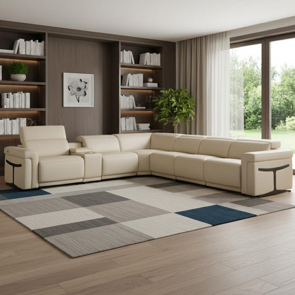 HomeRoots Beige Italian Leather Modular Sectional Sofa with Console - Luxurious Comfort & Modern Design Beige 534849