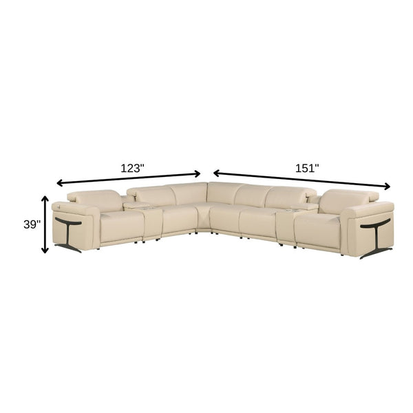 HomeRoots Beige Italian Leather Modular L-Shaped Sectional Sofa with Console, Power Recline & USB Charging Beige 534850