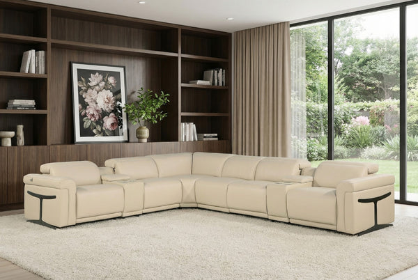 HomeRoots Beige Italian Leather Modular L-Shaped Sectional Sofa with Console, Power Recline & USB Charging Beige 534850