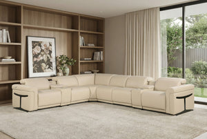 HomeRoots Beige Italian Leather L-Shaped Modular Sectional Sofa with Console for Luxurious Living Spaces Beige 534851