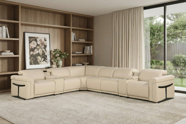 HomeRoots Beige Italian Leather L-Shaped Modular Sectional Sofa with Console for Luxurious Living Spaces Beige 534851