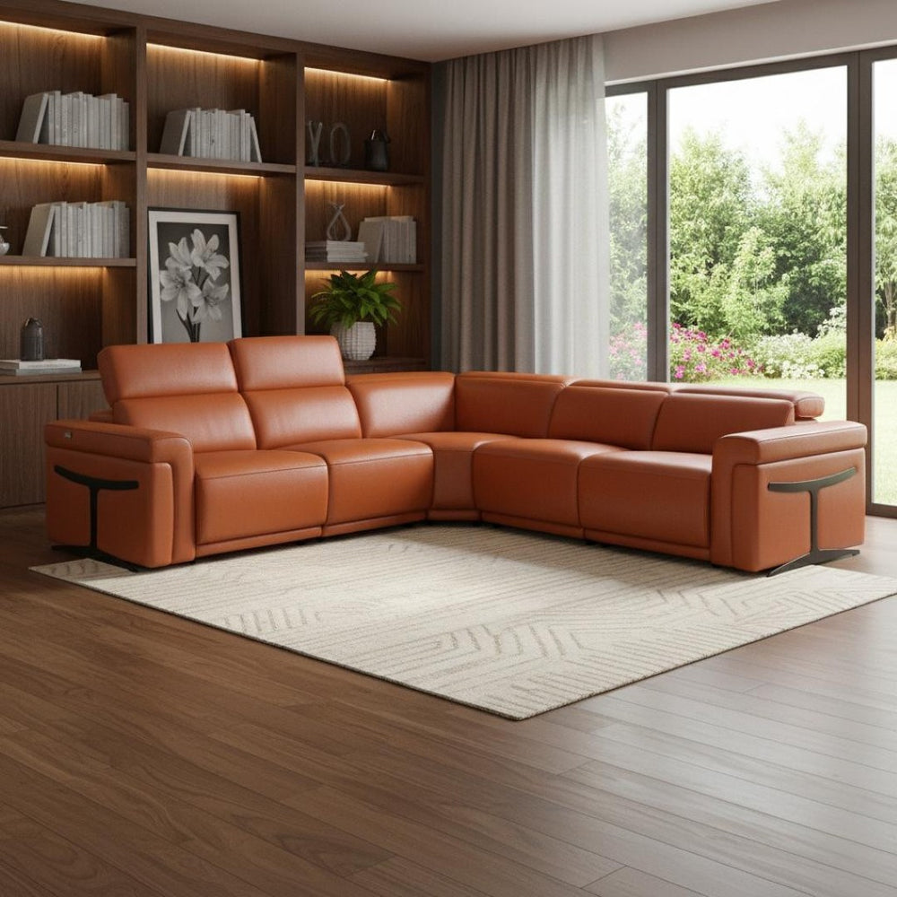 HomeRoots Camel Italian Leather Modular L-Shaped Sectional Sofa with Power Recline and USB Charging Features CAMEL 534858