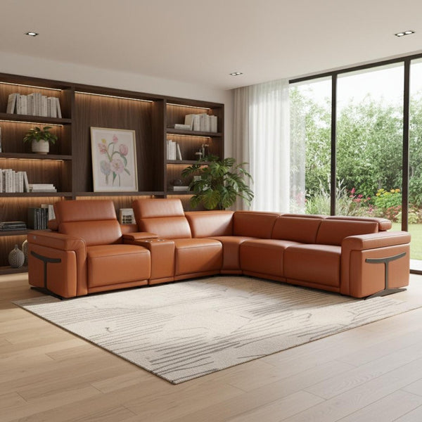 HomeRoots Camel Italian Leather Modular L-Shaped Sectional Sofa with Power Recline and Storage Console CAMEL 534859