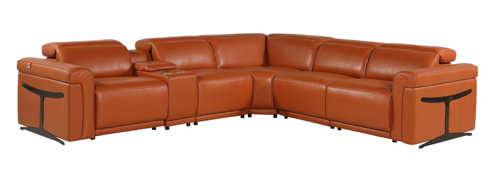 HomeRoots Camel Italian Leather Modular L-Shaped Sectional Sofa with Power Recline and Storage Console CAMEL 534859