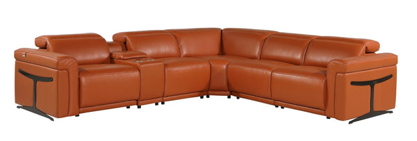HomeRoots Camel Italian Leather Modular L-Shaped Sectional Sofa with Power Recline and Storage Console CAMEL 534859