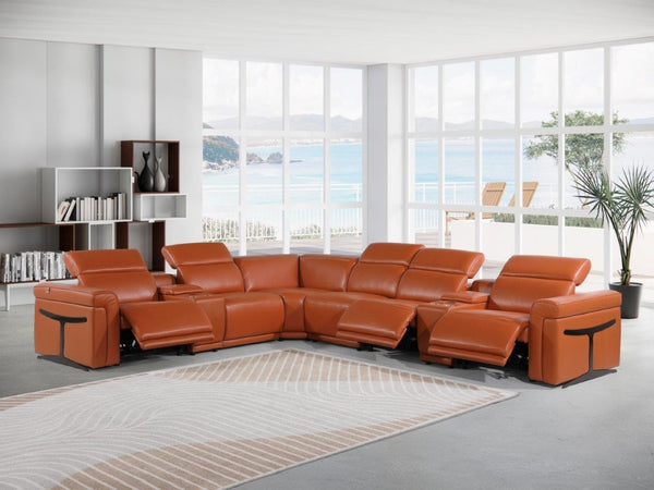 HomeRoots Camel Italian Leather Modular L-Shaped Sectional Sofa with Console, Power Recline & USB Ports CAMEL 534862