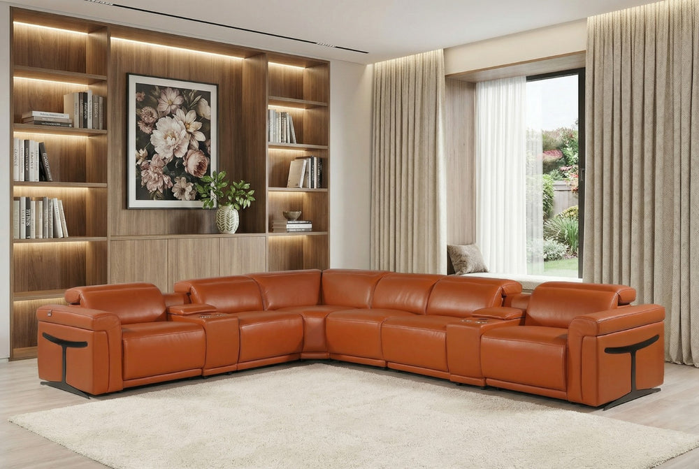 HomeRoots Camel Italian Leather Modular L-Shaped Sectional Sofa with Console, Power Recline & USB Ports CAMEL 534862