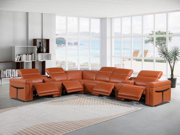 HomeRoots Camel Italian Leather Modular L-Shaped Sectional Sofa with Console, Recliners, USB Charging Ports CAMEL 534863