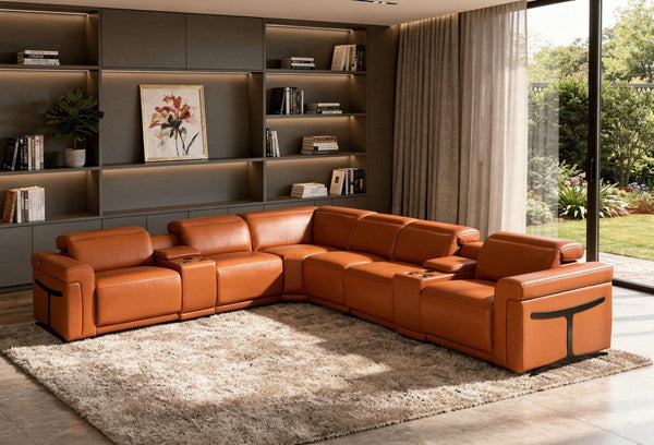 HomeRoots Camel Italian Leather Modular L-Shaped Sectional Sofa with Console, Recliners, USB Charging Ports CAMEL 534863